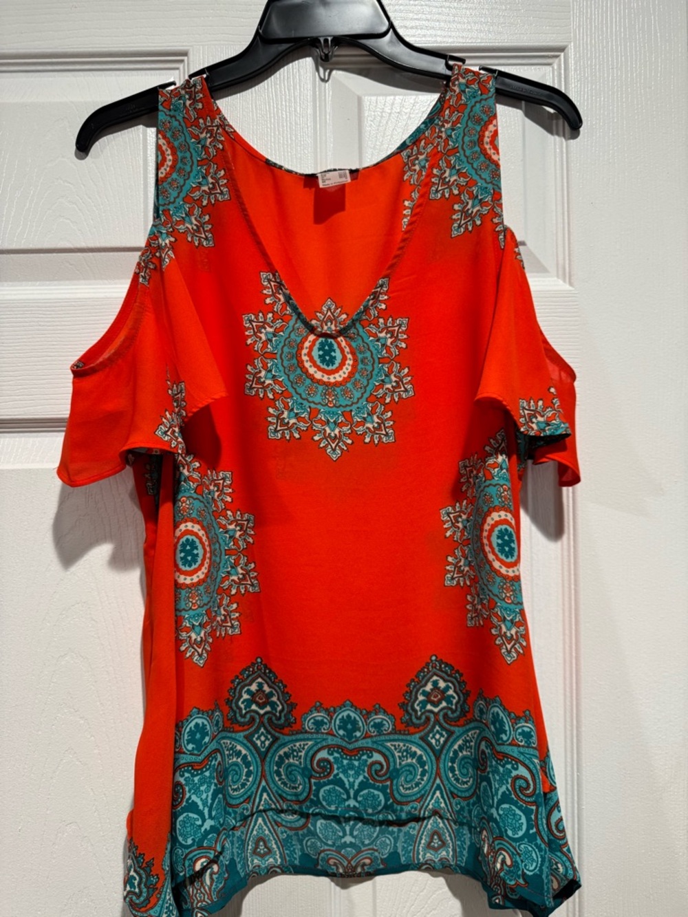 VENUS Orange Cold-Shoulder Blouse with Teal Medallion Print